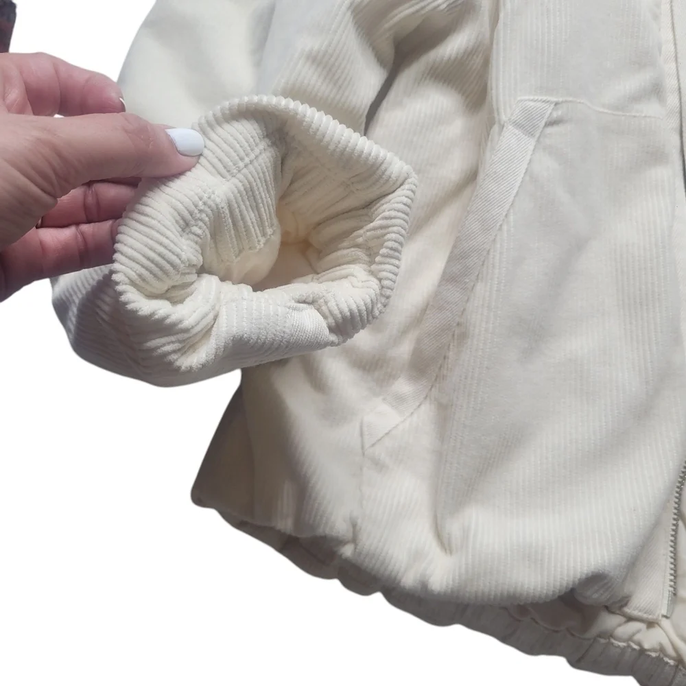 Urban Outfitters Casey Corduroy Zip Hooded Puffer Jacket White Ivory Large - Picture 9 of 13